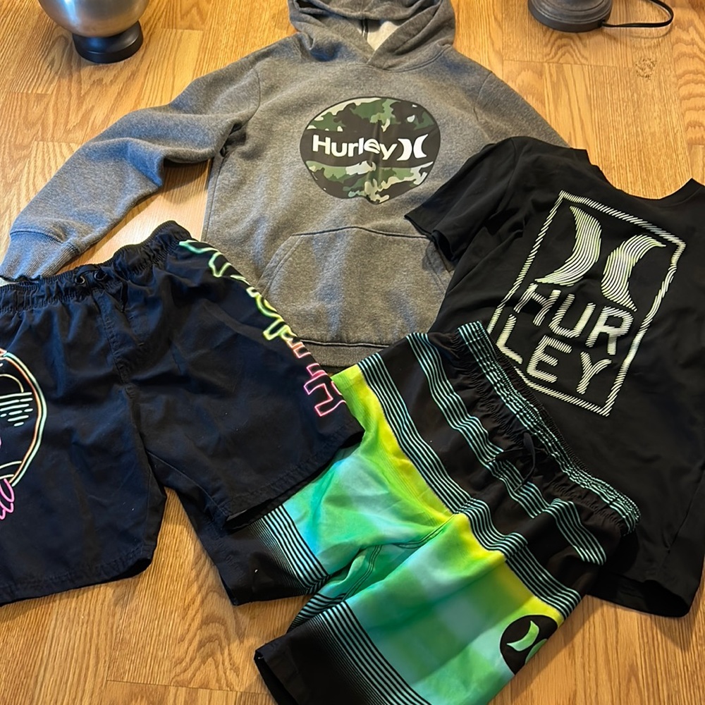 Hurley sweatshirt size 10/12 Hurley tshirt size S 2 Hurley swim trunks size S